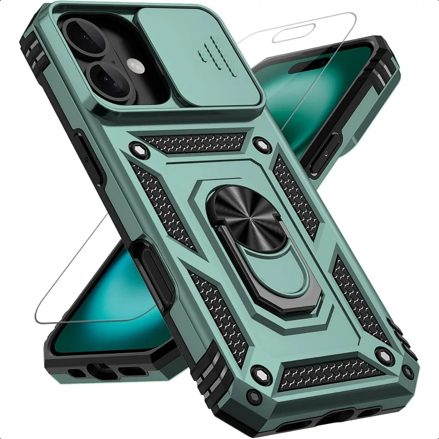 

Чехол для iPhone 17 с выдвижной крышкой для камеры Защитная пленка для экрана HD [Военный класс 16 футов. Протестировано падение] Защита подставки для кольцевого держателя