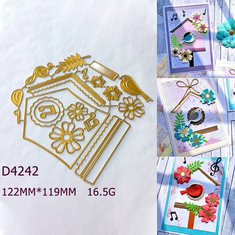 Bird House Music Note Flower Metal Cutting Dies Lace Border Embossing Die Cuts for Scrapbooking Album Card Making Paper Craft