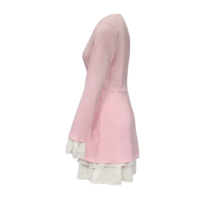 BAMBOOBOY-Vestidos cortos con cuello en V profundo para mujer, vestido femenino Sexy con volantes, manga larga, cintura alta, tela falsa, 2 piezas