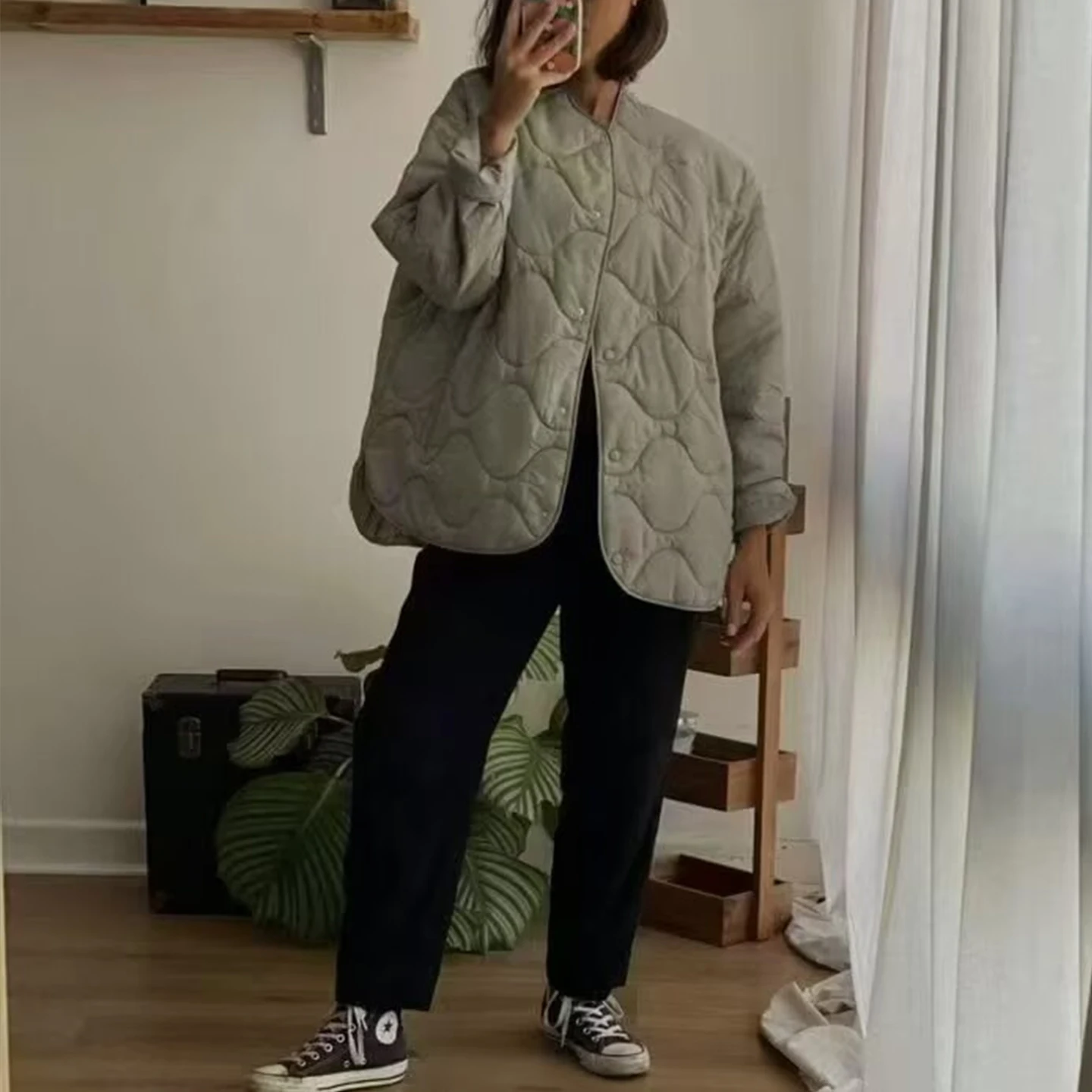 

Повседневная хлопковая куртка с круглым вырезом Ne на пуговицах, женская осенняя модная удобная дышащая длинная светящаяся наполнитель из полиэстера