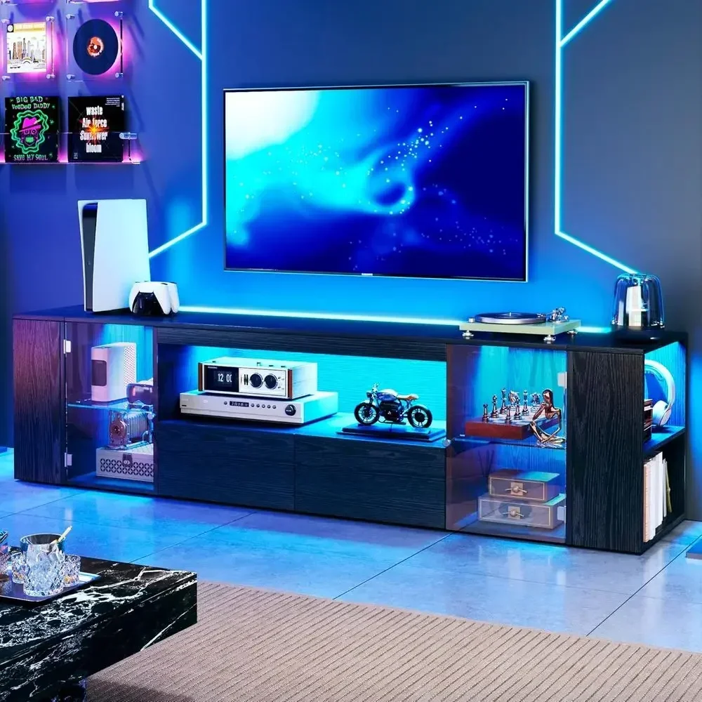 LED-lit 75 TV Stand, Modern Wooden Entertainment Center with 5 Open Shelves & 2 Storage Drawers for 65-80 TVs in Black