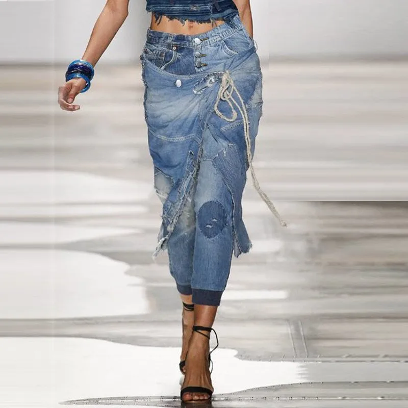 Women Patchwork Distressed Skirted Jeans Raw Edge Drawstring Multi Button Irregular Washed Denim Skirt Pants Y2K Streetwear Part