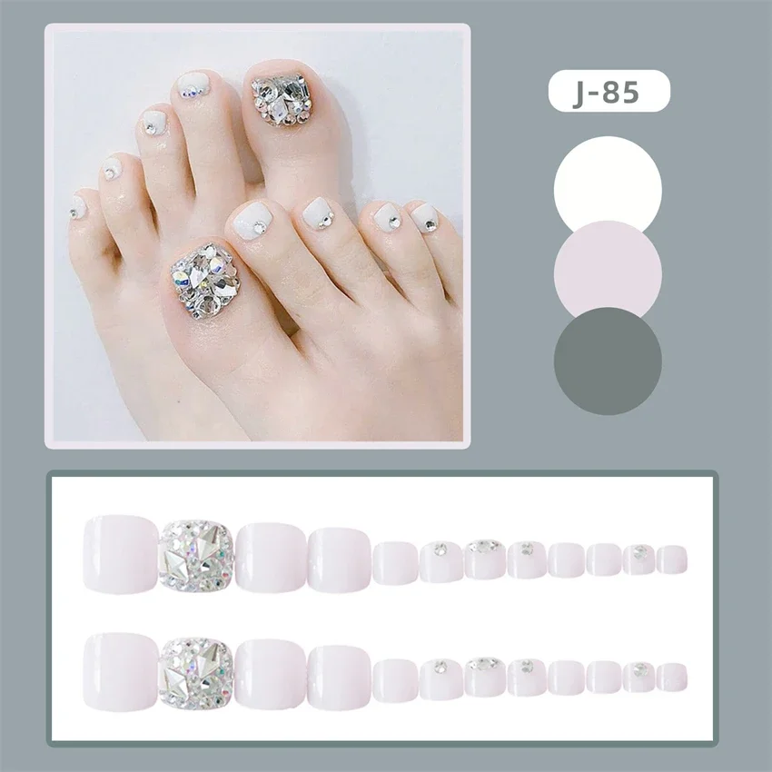 

24Ps/Set Translucent White Full of Diamonds Fashion Wearing False Nails Paste French Press on Nails Removable Acrylic Fake Nails