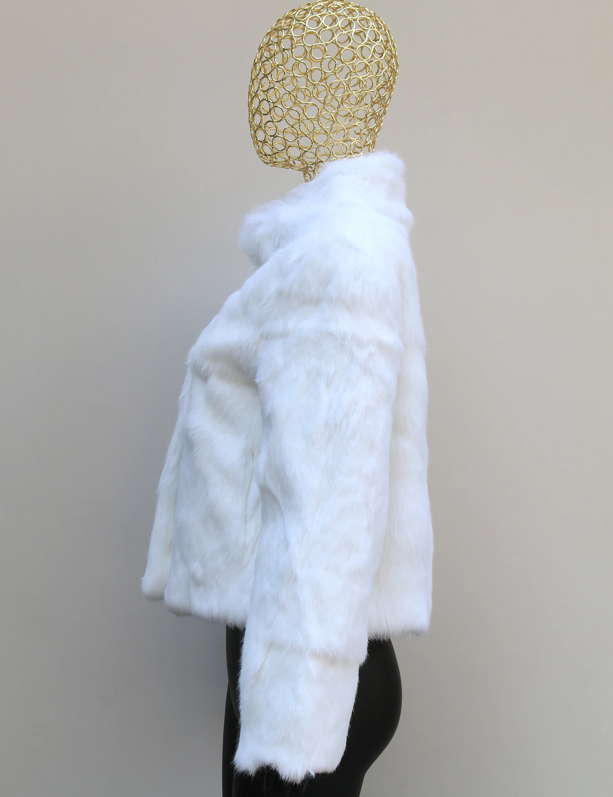 Autumn Winter Women's Real Genuine Rabbit Fur Coat Full Pelt White Rabbit Fur Jacket Long Sleeve Mandarin Collar Outerwear