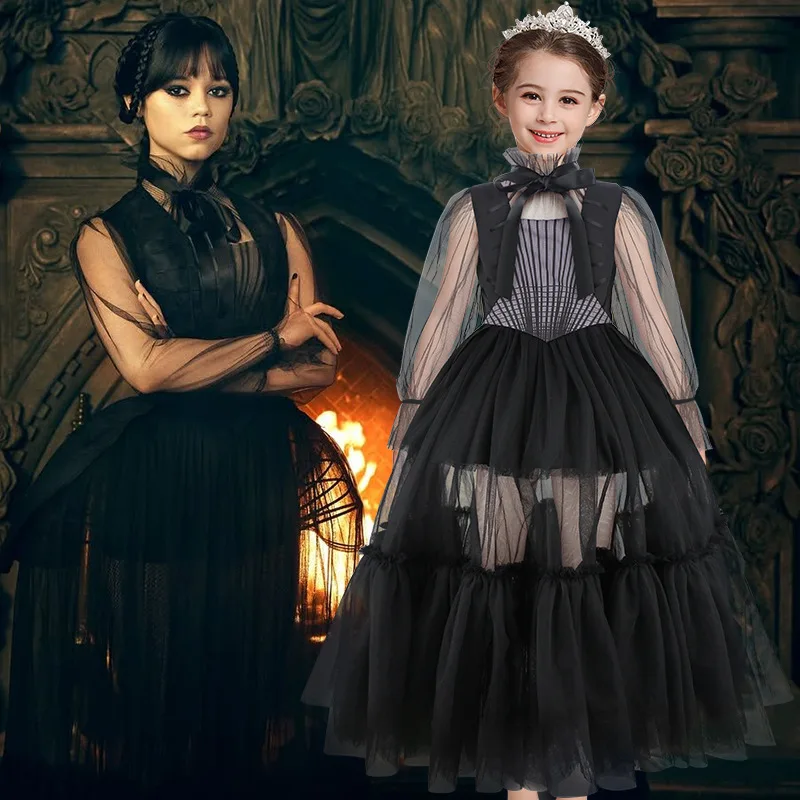 Halloween-Kostüme für Mädchen, langes schwarzes Kleid für Kinder mit Zubehör, süßes Anzieh-Geburtstags-Outfit, Mädchen-Karnevals-Party-Ballkleid
