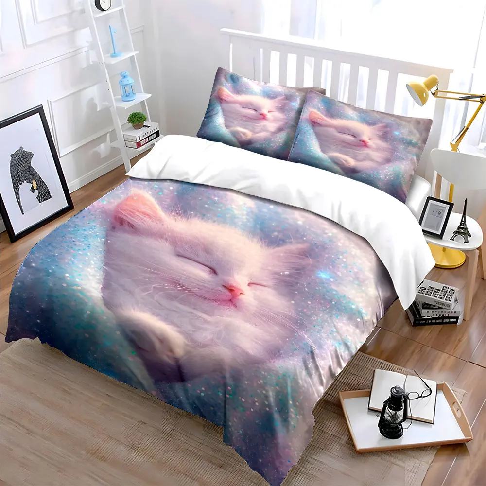 White kitten sleeping in sparkly blanket Pattern Duvet Cover Set Digital Print Colorful Polyester Bedding with Zipper Closur