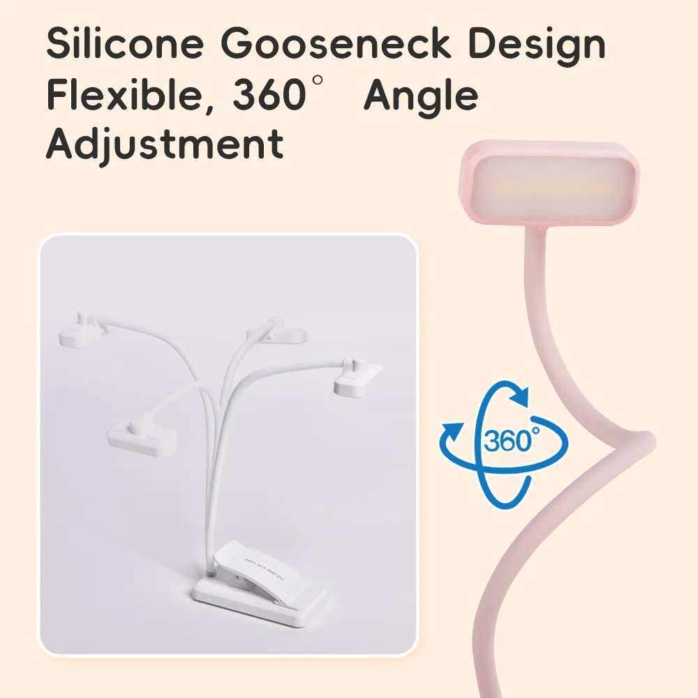 Rechargeable Clip Book Light Gift with Red Warm White Pink 3 Lighting Modes Flexible Gooseneck Eye-Care Clip Lamp Bedroom