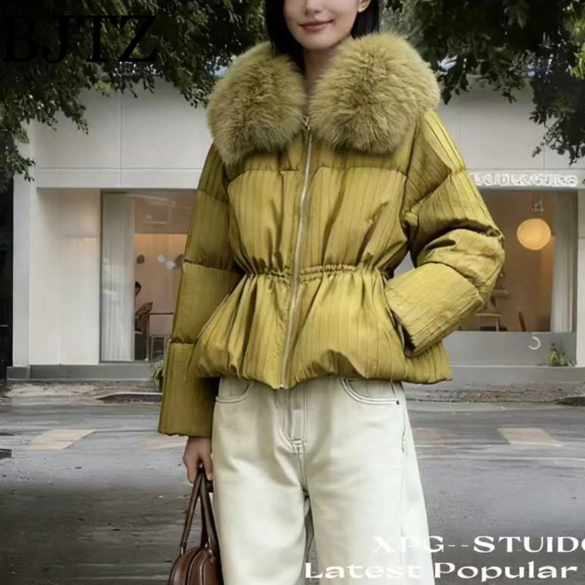 

BJTZ 2025 New Women’s Down Coat with Fur Collar Belted Waist Flared Hem Winter Warm Designer Elegant Minimalist Luxury Cozy
