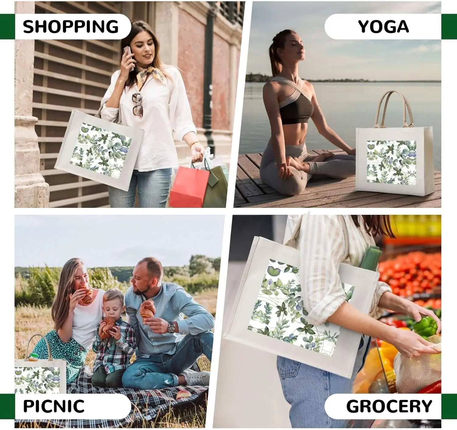 Bolsa tote de lona com folhas de eucalipto verde para mulheres, bolsa de presentes estéticos, bolsa de viagem, compras, trabalho diário