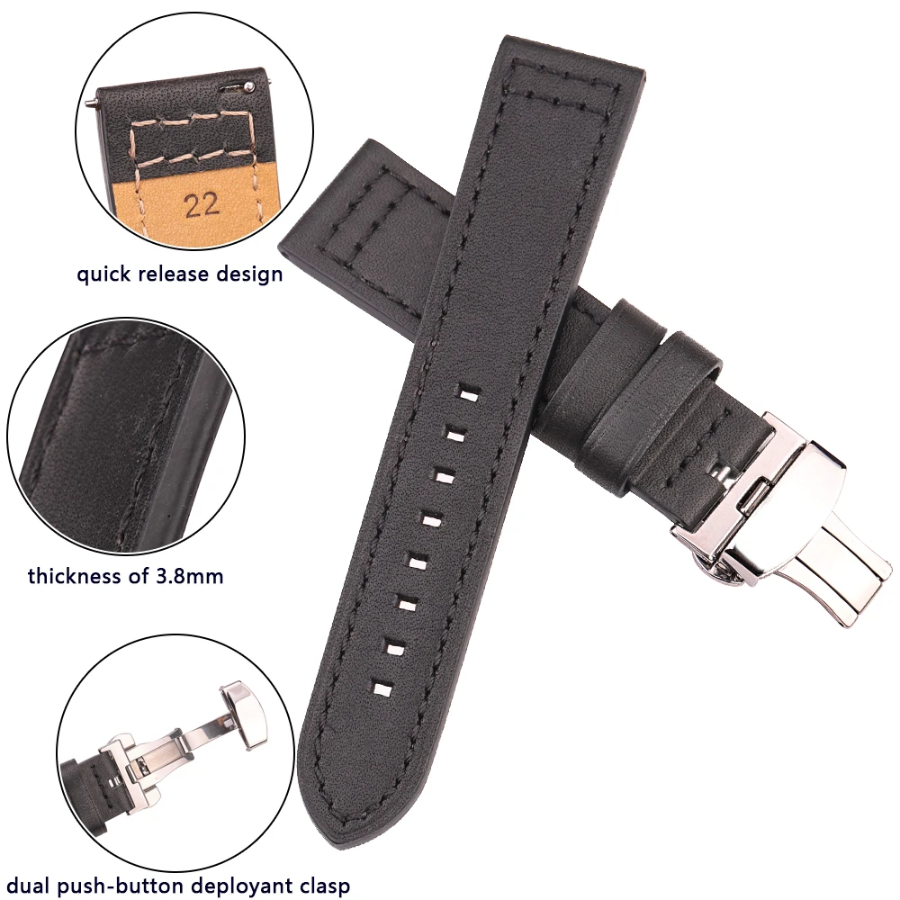 Genuine Leather Watchband 18mm 20mm 22mm 24mm Quick Release Watch Band Dual-Press Automatic Clasp Men Women Strap Accessories