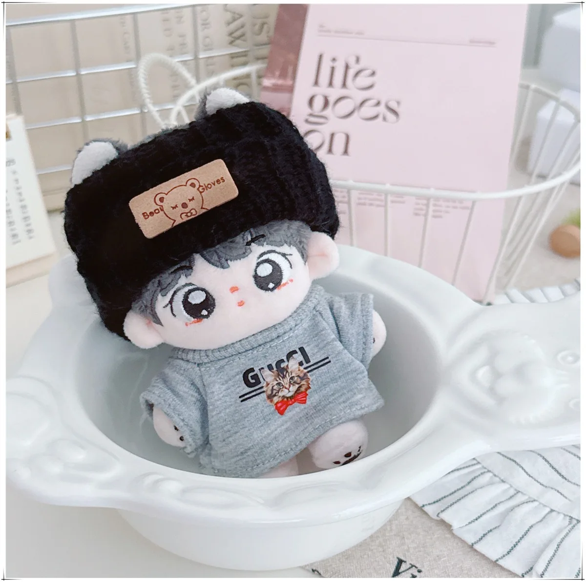 Vêtements de poupée Mini idole 10cm, T-shirt imprimé chat de dessin animé, ensemble bandeau noir, vêtements de poupée en peluche, accessoires, jouets cadeaux pour filles