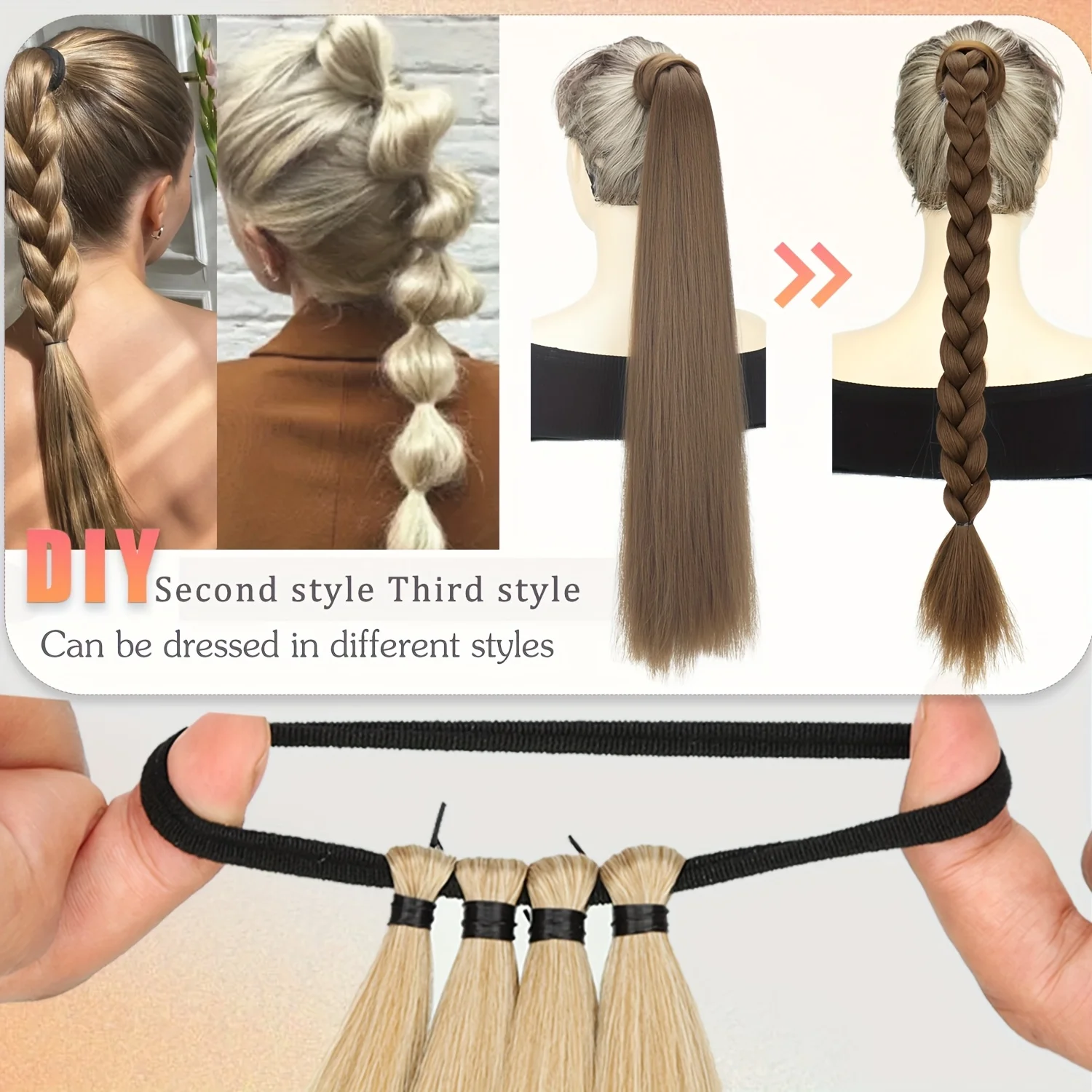 الاصطناعية 24 بوصة طويلة مستقيم ذيل حصان شريط مرن شريط مطاطي الشعر الدائري أسود براون ذيل حصان وصلات شعر للنساء