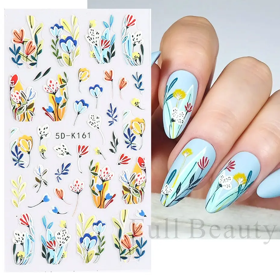 5D White Flower Embossed Nail Art Decals Bouquet Wedding Stickers Decoration Abstract Floral Leaf Dreamcatcher Sliders LA5D-K162