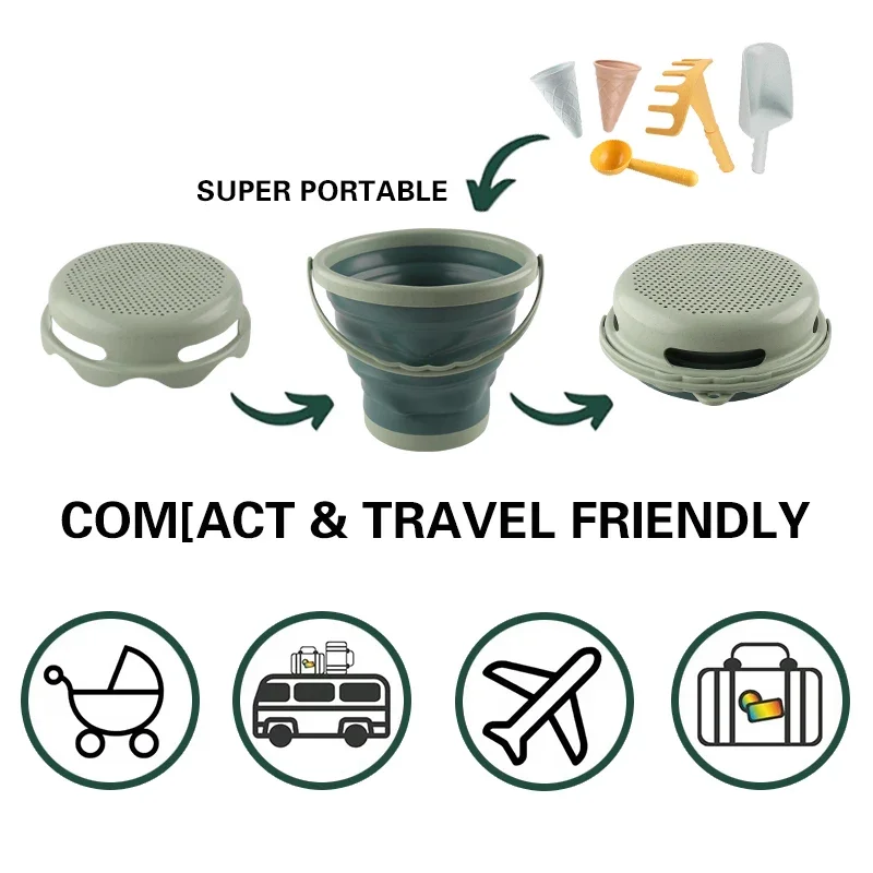 Juguetes de playa, cubo de transporte plegable, cubo de arena, pala 7 en 1, rastrillo, helado, playa para niños