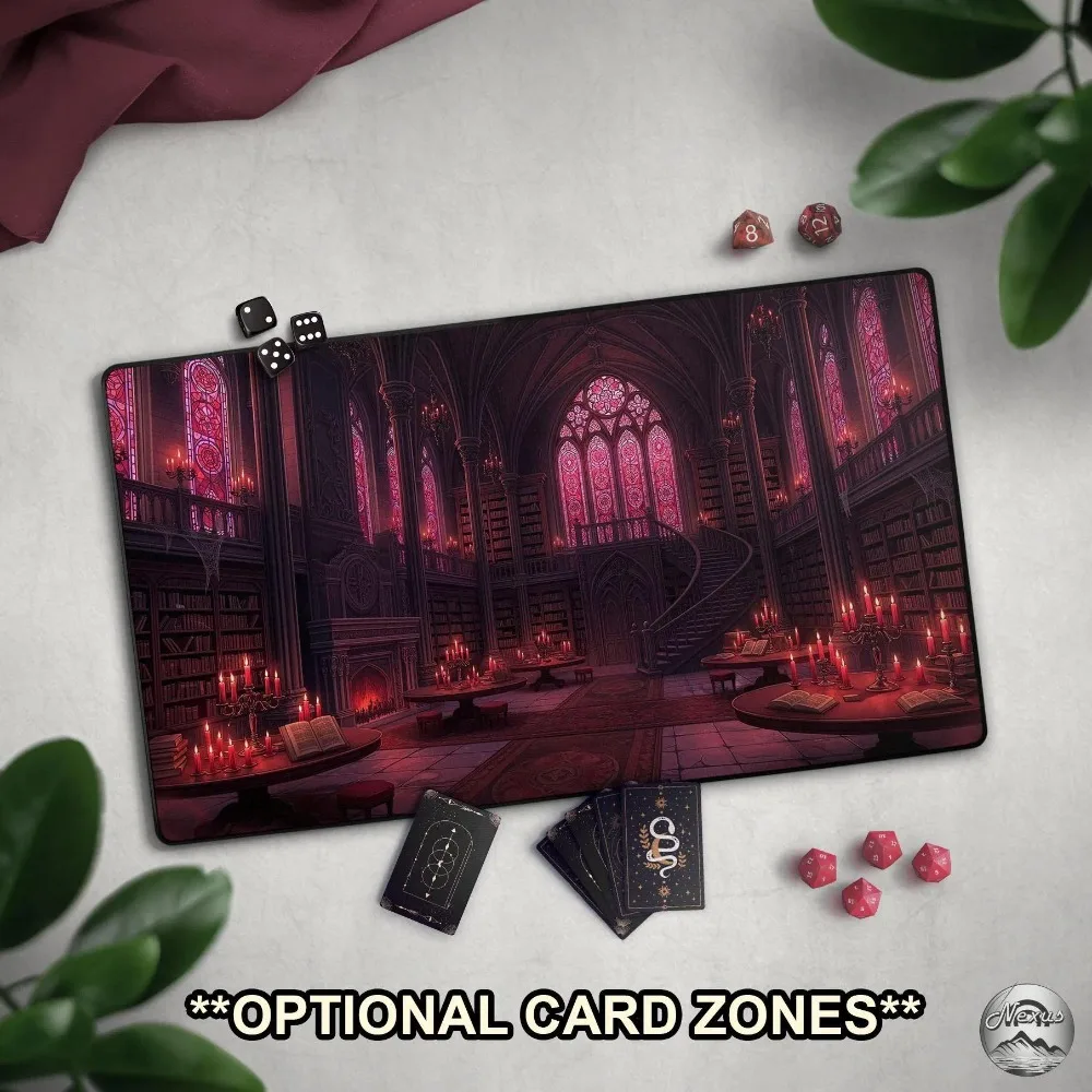 TCG Playmat: Vampire's Library, Dark Academia Mat With EDH Zones, Gothic Fantasy, Extended Play Mat, Red Bookish Vampire Themed