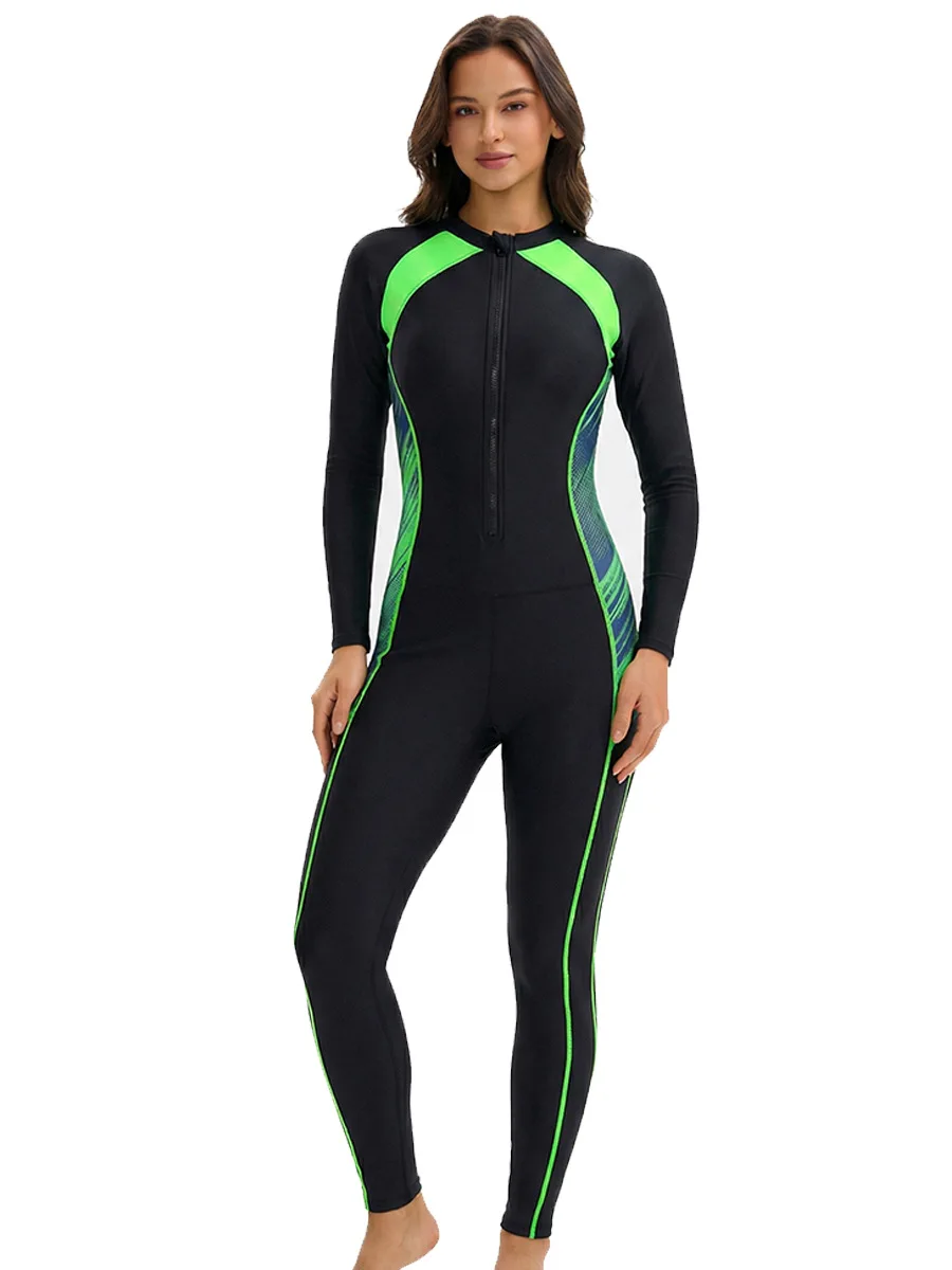 2026 Middle East Hot Sale Color Block Full Coverage One Piece Swimsuit Women Long Sleeve Long Pants Tight Conservative European