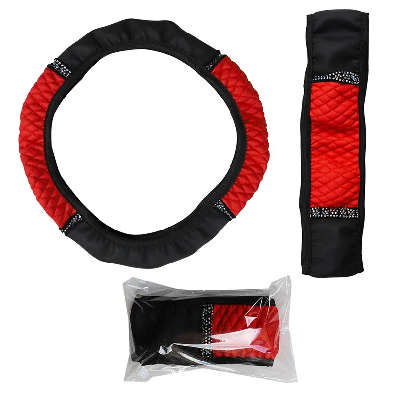 Universeller Auto-Lenkradbezug, 37–38 cm, Leder, bestickt, mit Diamanten besetzt, elastisch, für vier Jahreszeiten – Detail 9