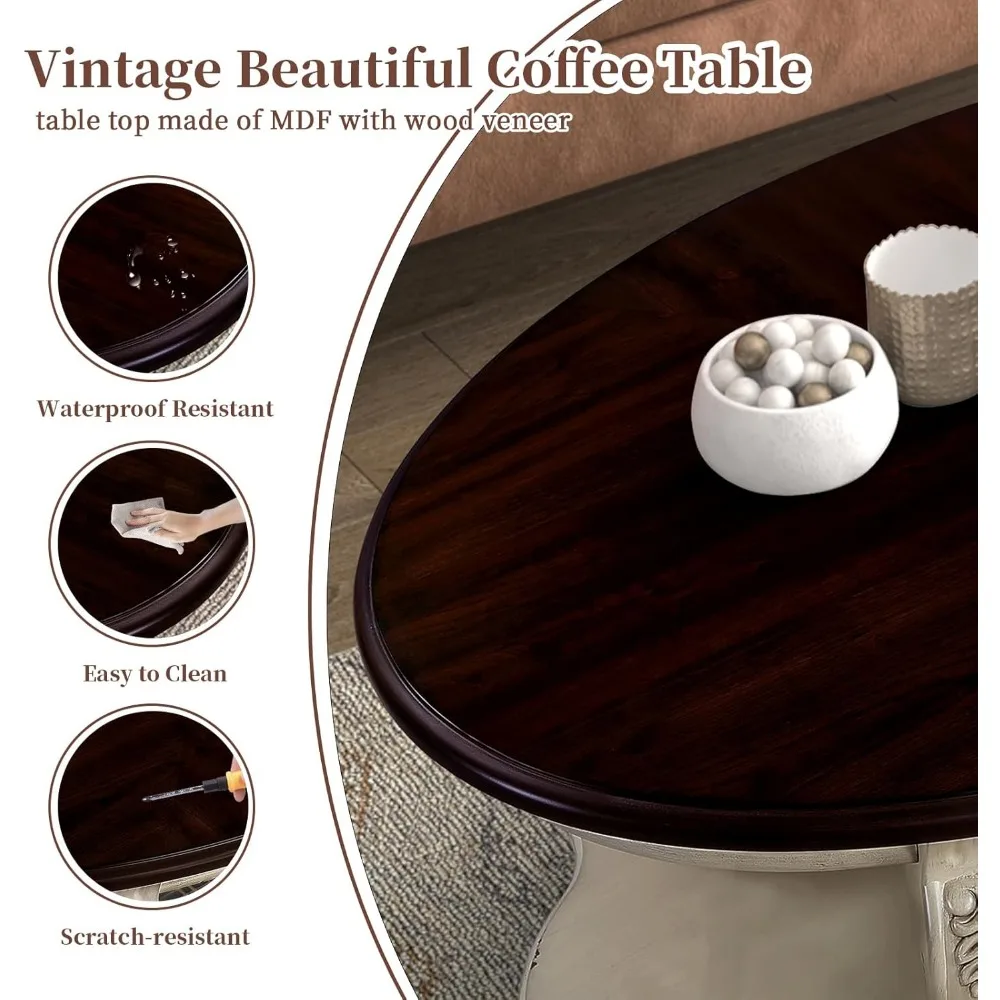 Vintage 3-delige ovale salontafelset met gesneden houten poten, woonkamermeubilair in antieke stijl in beige en espresso-afwerking