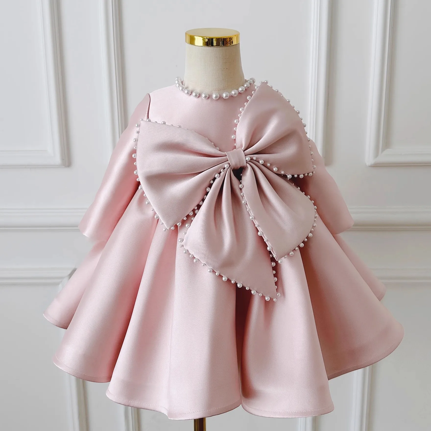 Spring Girl Princess Dress Baby Birthday Sweet Pink Dress Piano Performance Nail Bead Dress for Parent-child Photo Studio