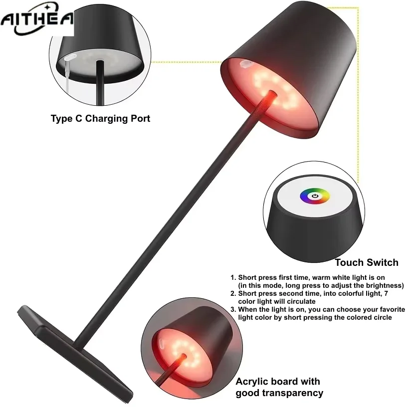 AITHE Rechargeable Colorful LED Night Light Bedside Table Lamp Wine Bottle Lamp Head for Home Clubs Bar Hotel Ambiance Decor