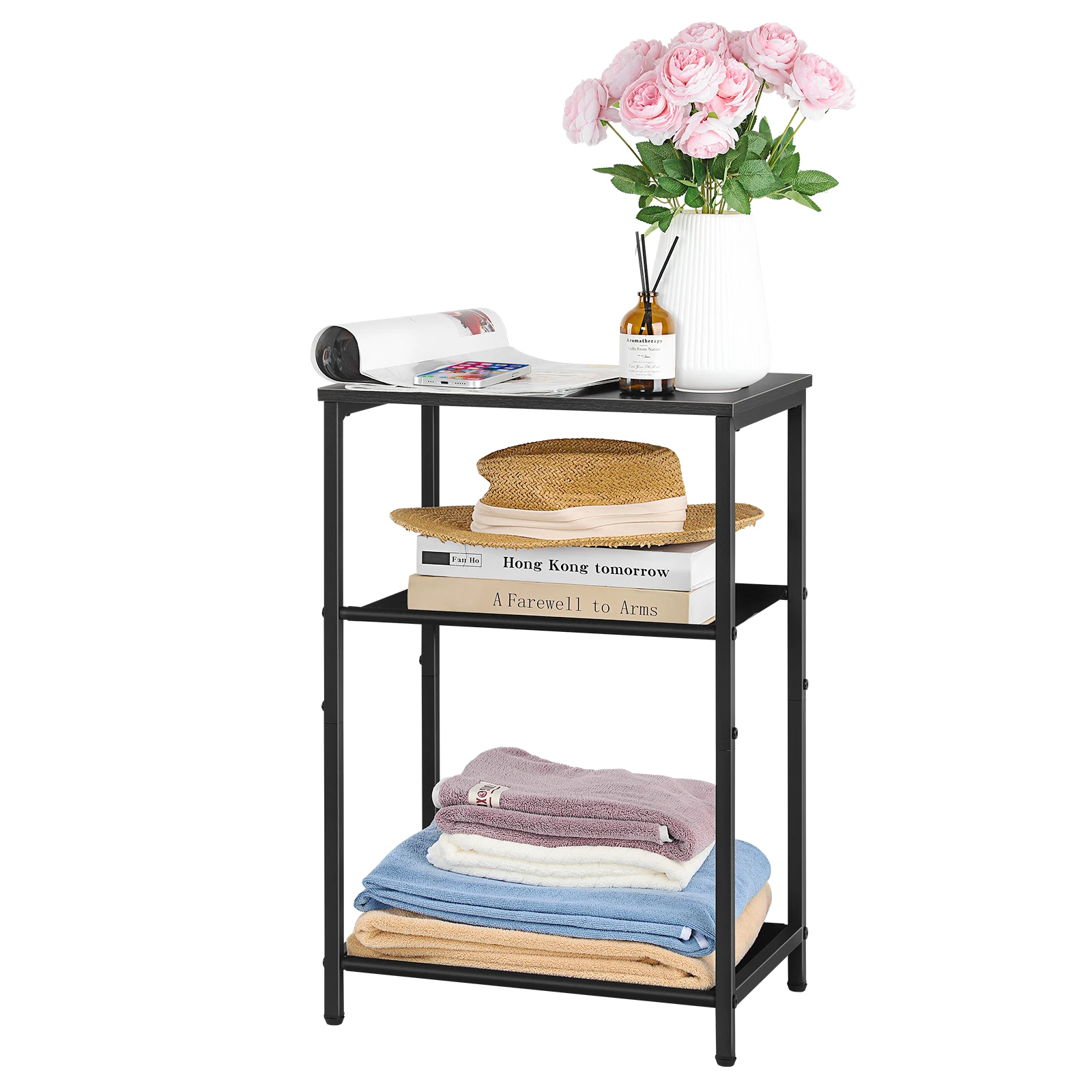 

3-Tier Metal Narrow Rustic Brown Bedside Table for Small Spaces, Bedroom/Living Room, Durable Frame