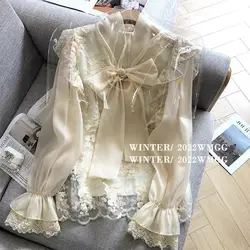 Autumn New Korean Style Fashionable Slim Fit and Slimming French Ruffle Edge Tied Bow High-end Shirt Top for Women