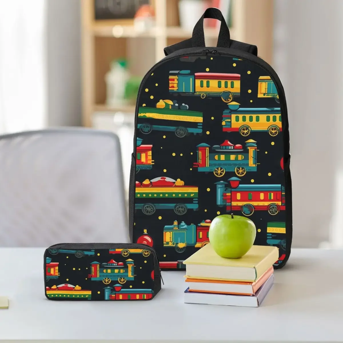 Cartoon Train Models Display Design Backpack BookBag School Bag Computer Shoulder Bags 3ps Insulated Lunch Bag Pencil Case
