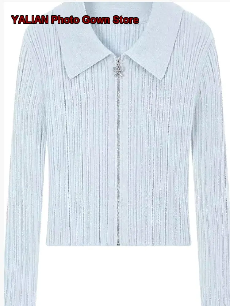 Girls Spring Coat Soft Texture Zip Up High Stretch Blue White Coat