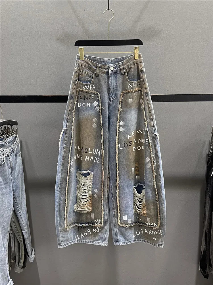 

American Retro Graffiti Cutout Knife Jeans Women's Spring Summer Casual Loose Wide Leg Pants High Waist Denim Casual Style
