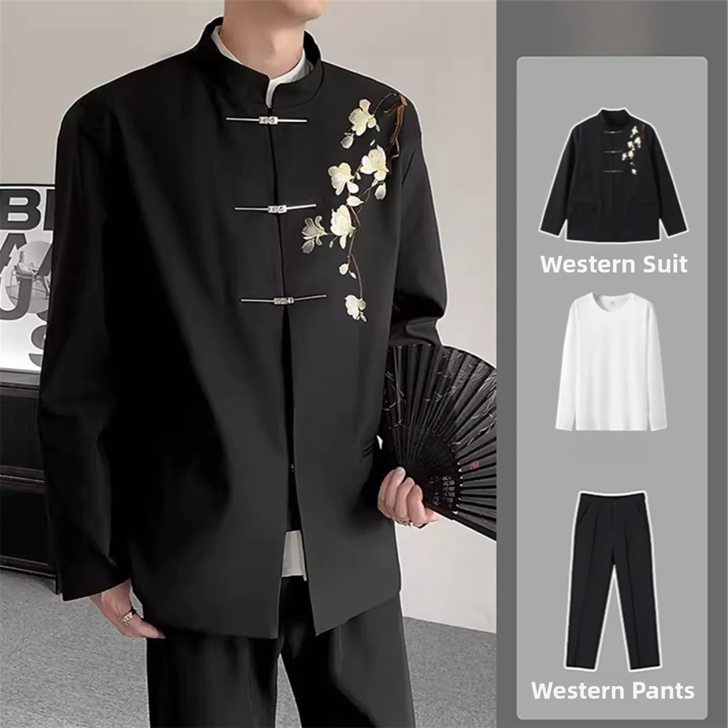

New Chinese Sle Men's Bla Suit Jaet Spring Autumn Embroidery Stand Collar Zhongan Coat Performance Outerwear Set