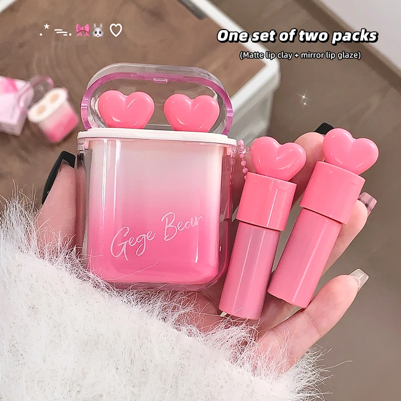 Gege Bear 2 ชิ้นหูฟังจัดแต่งทรงผม Matte Lip GLOSS Mirror Moisturizing Lip GLOSS ชุด
