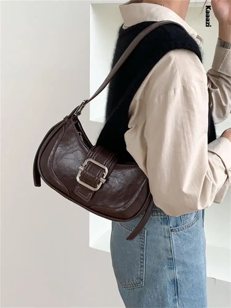 Bolso de mano Vintage de media luna para mujer, bandolera de hombro con broche de cuero, de diseñador de lujo, a la moda, Hobo, 2023