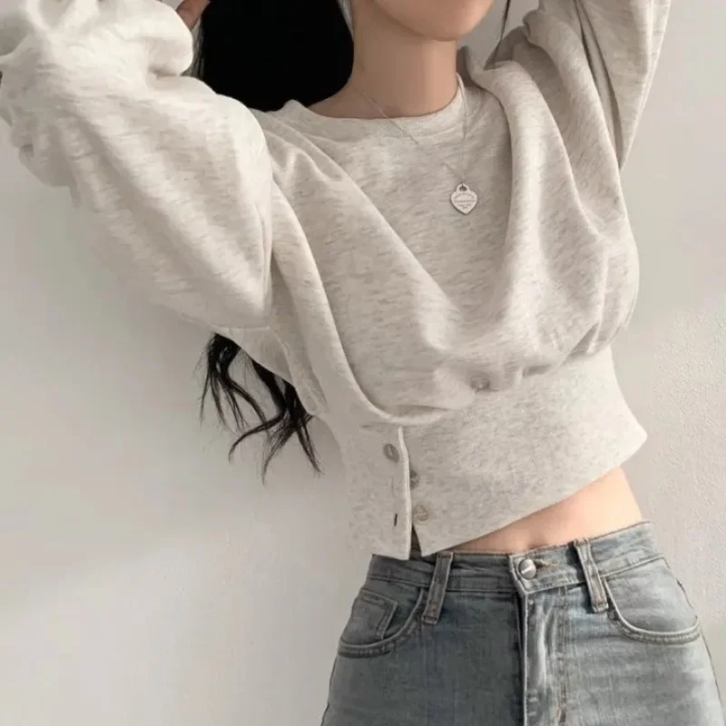 Sweatshirts Women Crop Sporty Leisure Autumn Ulzzang Buttons Design Baggy Defined Young Street Aesthetic Temper Daily V488