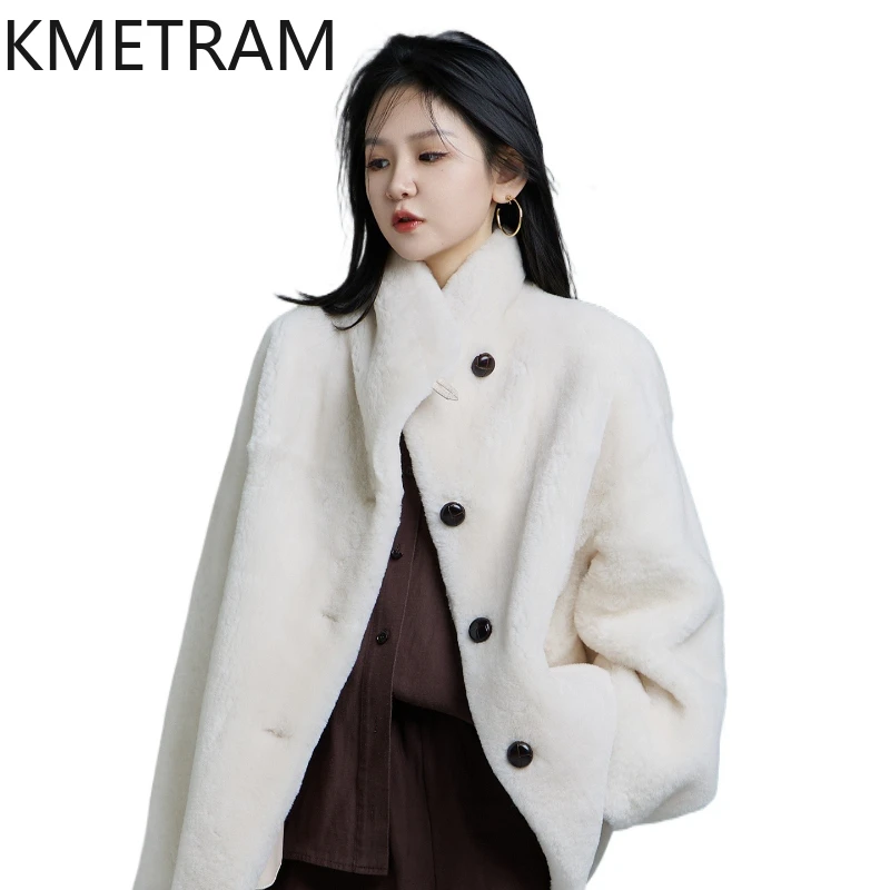 

KMETRAM 100% Merino Wool Sheepskin Fur Coat Woman Stand Collar Real Fur White Jacket Autumn-Winter Clothing 2025 шуба женская