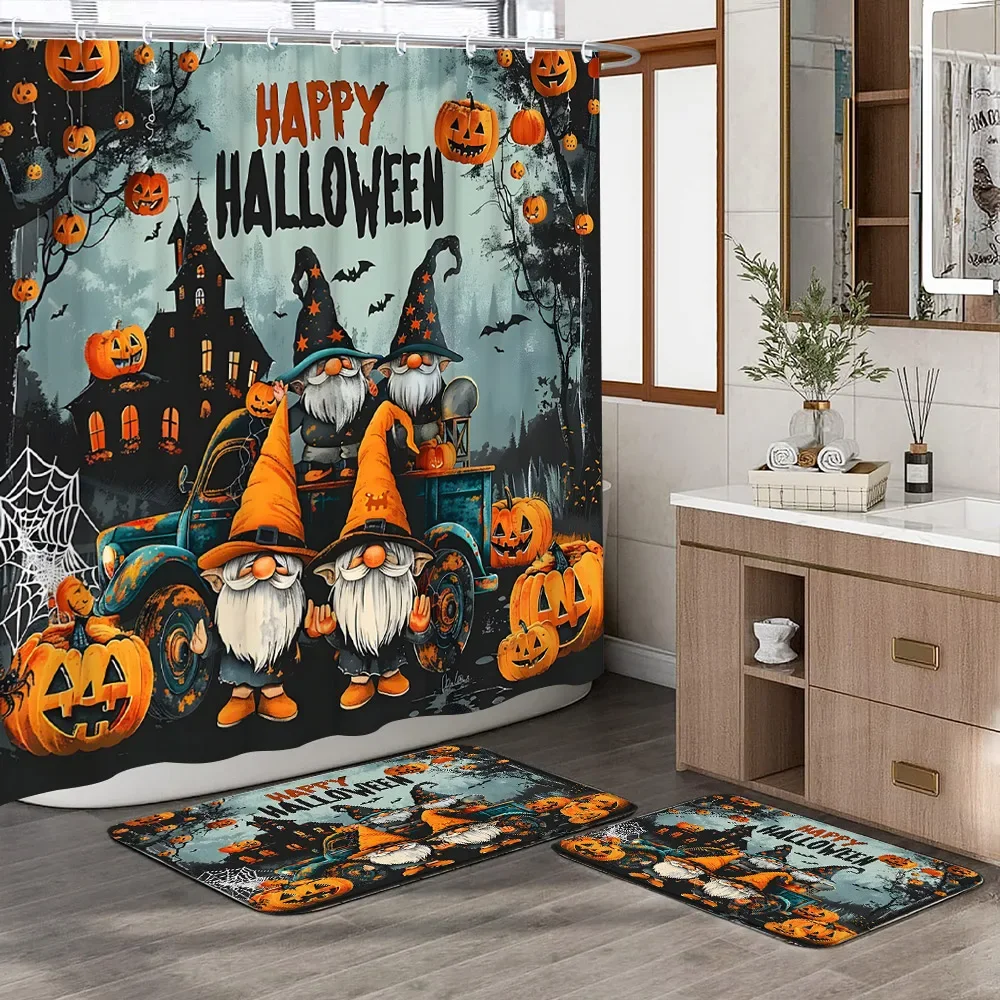 Personalised Colourful Spiderweb Bat Shower Curtain Rug Set Halloween Theme Polyester Shower Curtain 2 Bath Mats Bathroom Decor