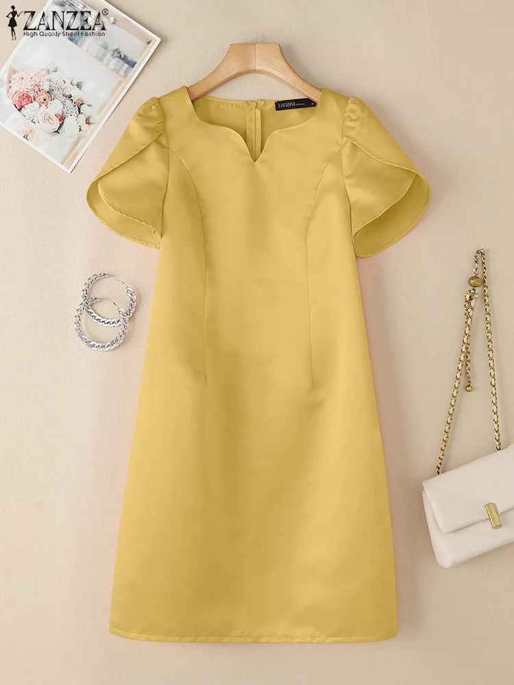 Zanzea gracioso commute curto robes femme com decote em v fino ajuste das mulheres pétala manga na altura do joelho vestidos elegantes de festa de cetim