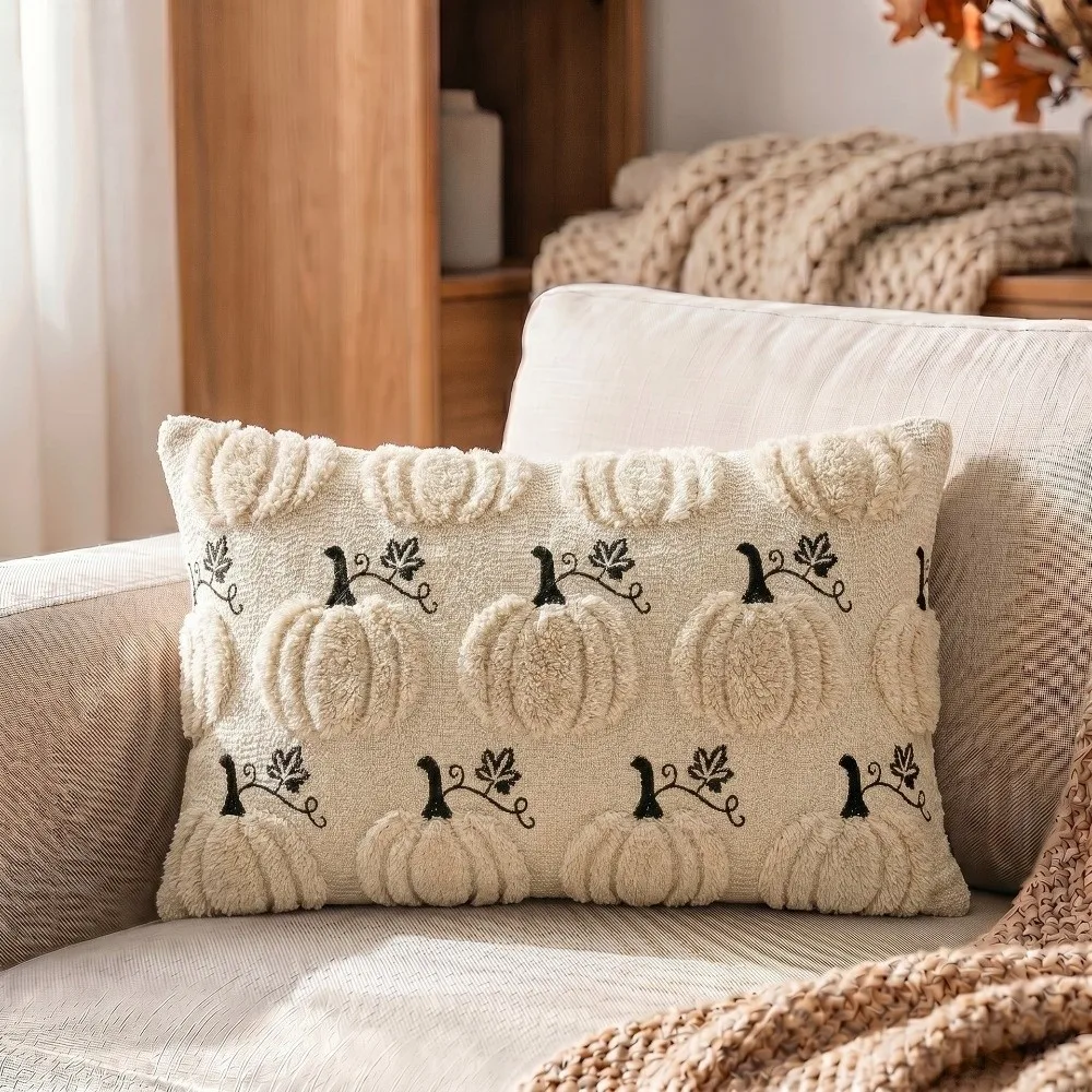 New Halloween Style Throw Pillow Cover 45x45 40x40 Pumpkin Tufted Cushion Cover Embroidered Autumn Pillowcase Fall Decor