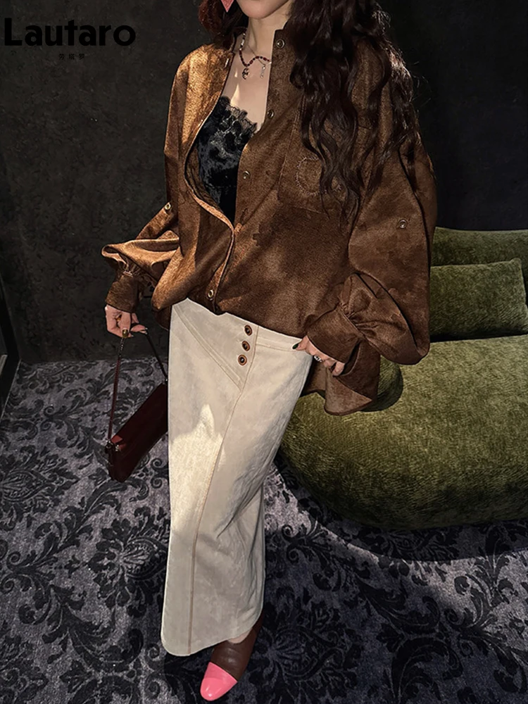 

Юбка макси Lautaro из искусственной замши с эффектом потертости, прямая, винтажная, ретро, весна-осень, женская, дизайнерская, класса люкс, длинная одежда