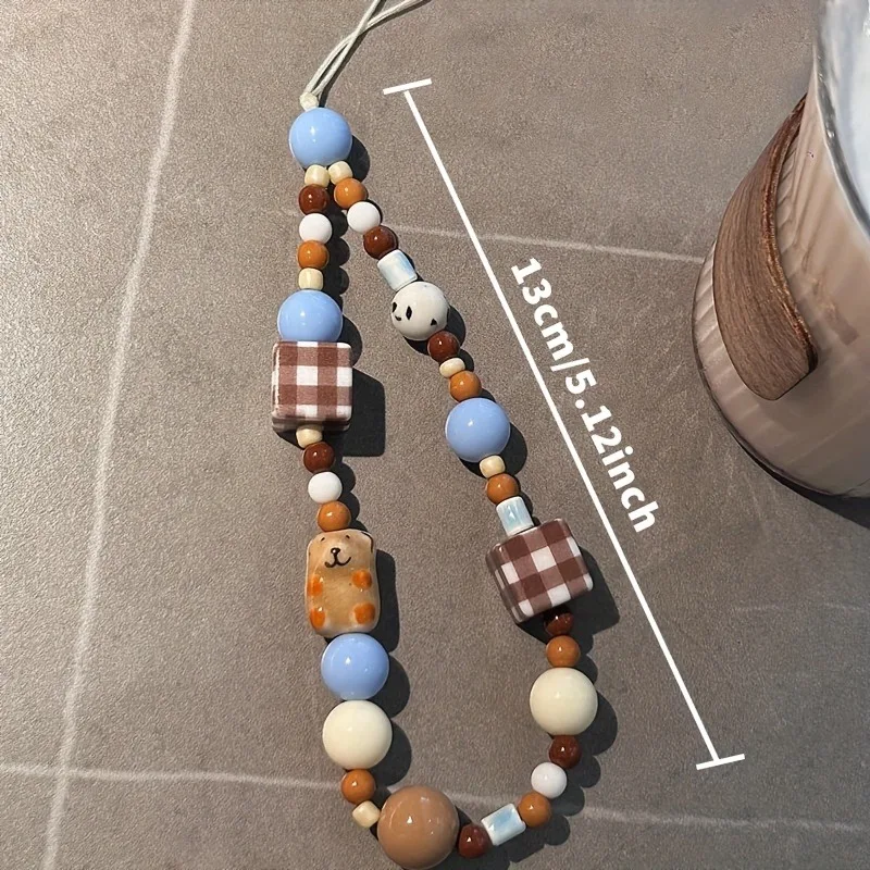 Korea Cute Brown Puppy Grid Block Blue Bead Beaded Phone Chain Charm Lanyard For iPhone 16 Samsung Universal Accessories Jewelry