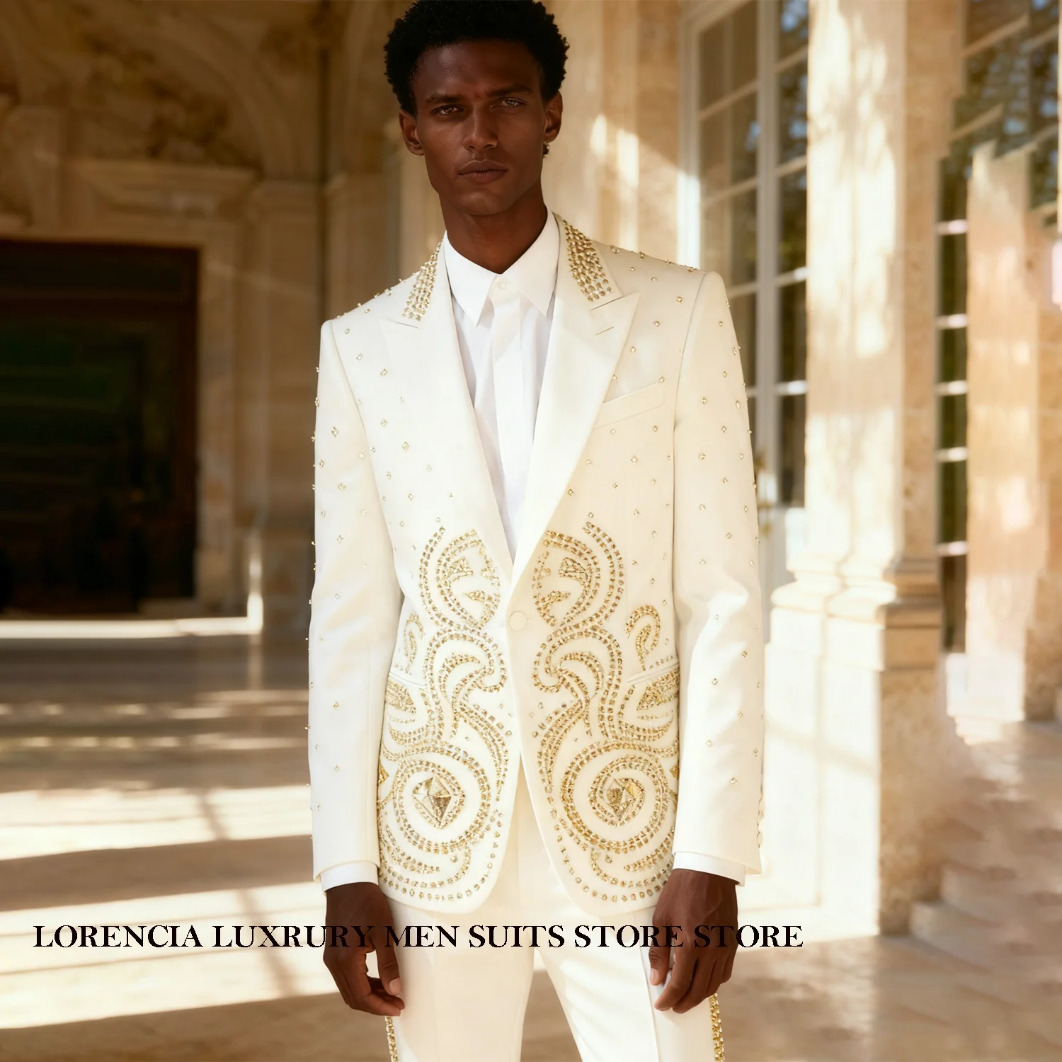 

Customized Handsome Luxury Crystals Diamond Men Suit Slim Groom Blazer 2 Piece Set Wedding Male Ropa Hombre Formal Groom Tuxedos