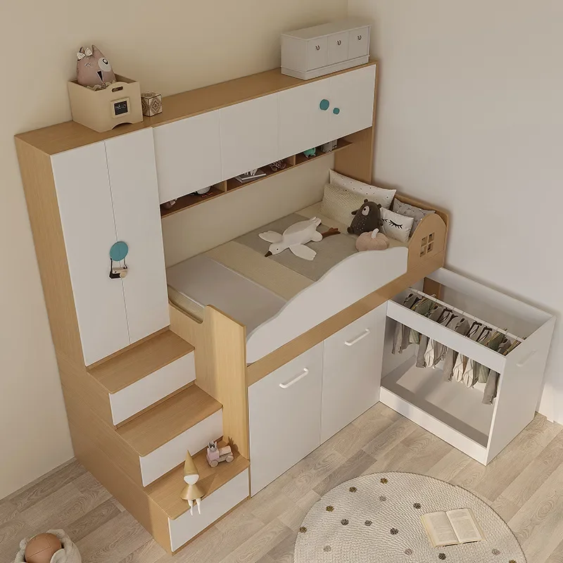 Half Height Bed with Pull Out Wardrobe Integrated Storage Unit for Small Apartment Room Baby Bed Space Saving Furniture