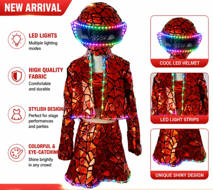 

Women LED Sequin Laser Mirror Dress Red Gold Pink Long Sleeve Nightclub Stage Performance Costume Singer Dance Wear
