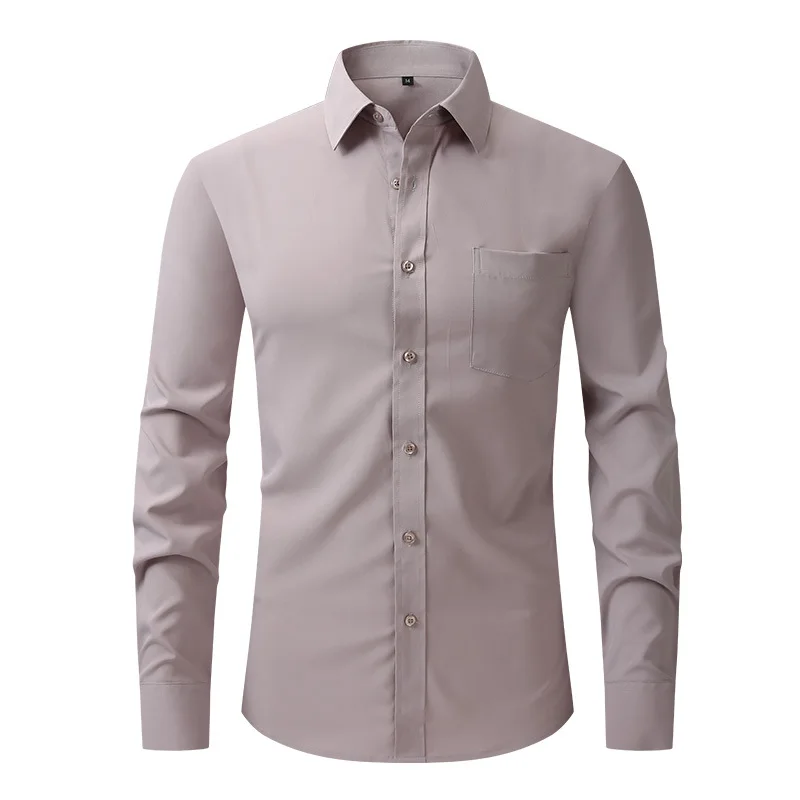 Solid Color Wrinkle Resistant Lapel Dress Shirts Men Spring Autumn Thin Business Office Work Shirt Elastic Slim Casual Shirt Man