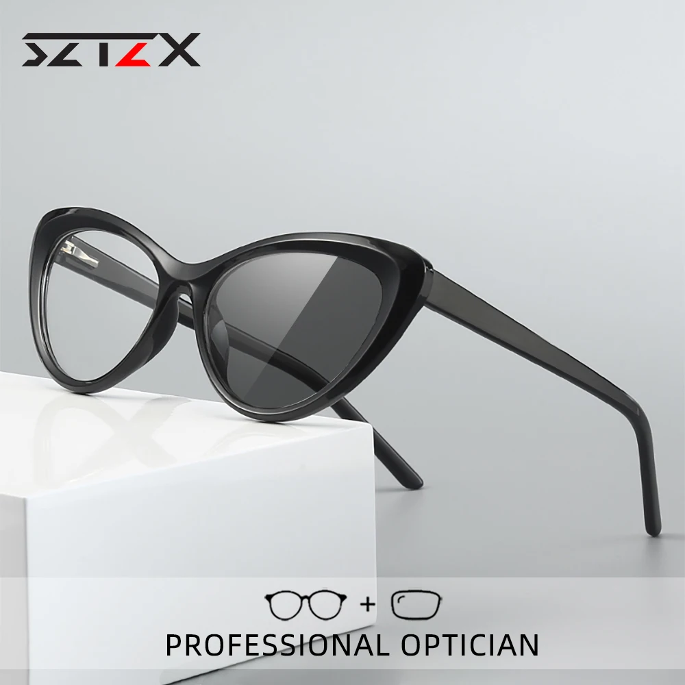 SZTZX Fashion Women Cat Eye Photochromic Reading Glasses Anti Blue Ray Myopia Hyperopia Prescription Customize Optical Glasses