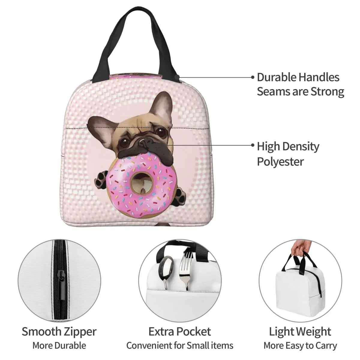 French Bulldog Lovers, Sweet Frenchie With Pink Donuts Lunch Bags Bento Box Lunch Tote Leakproof Picnic Bags Cooler Thermal Bag