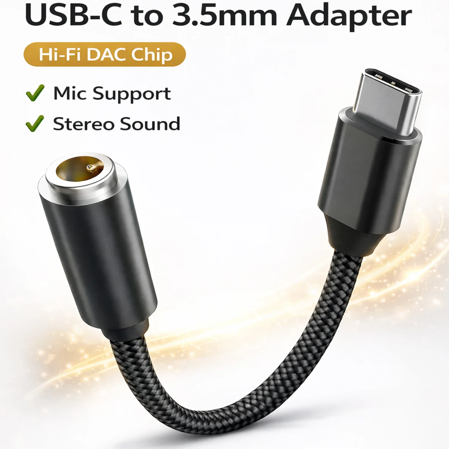 USB C to 3.5mm Audio Adapter with DAC, Hi-Fi Stereo Sound, Low Noise, Headphone & Mic Support, Type-C AUX Adapter