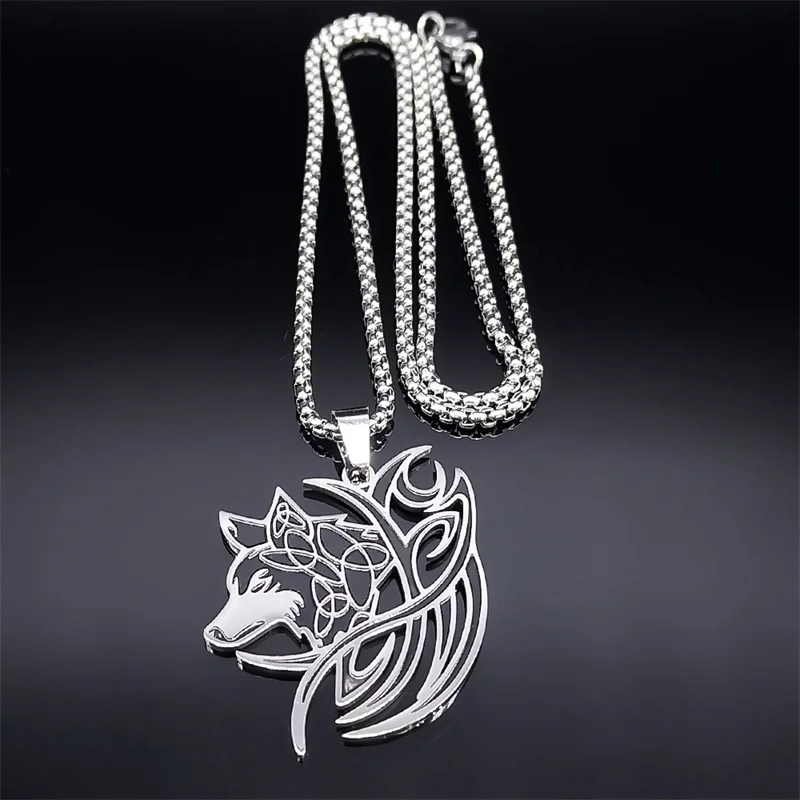 Viking Nordic Mythology Wolf Knot Necklace Stainless Steel Valknut Odin \'s Symbol of Norse Men Women Necklace Jewelry N7802S01