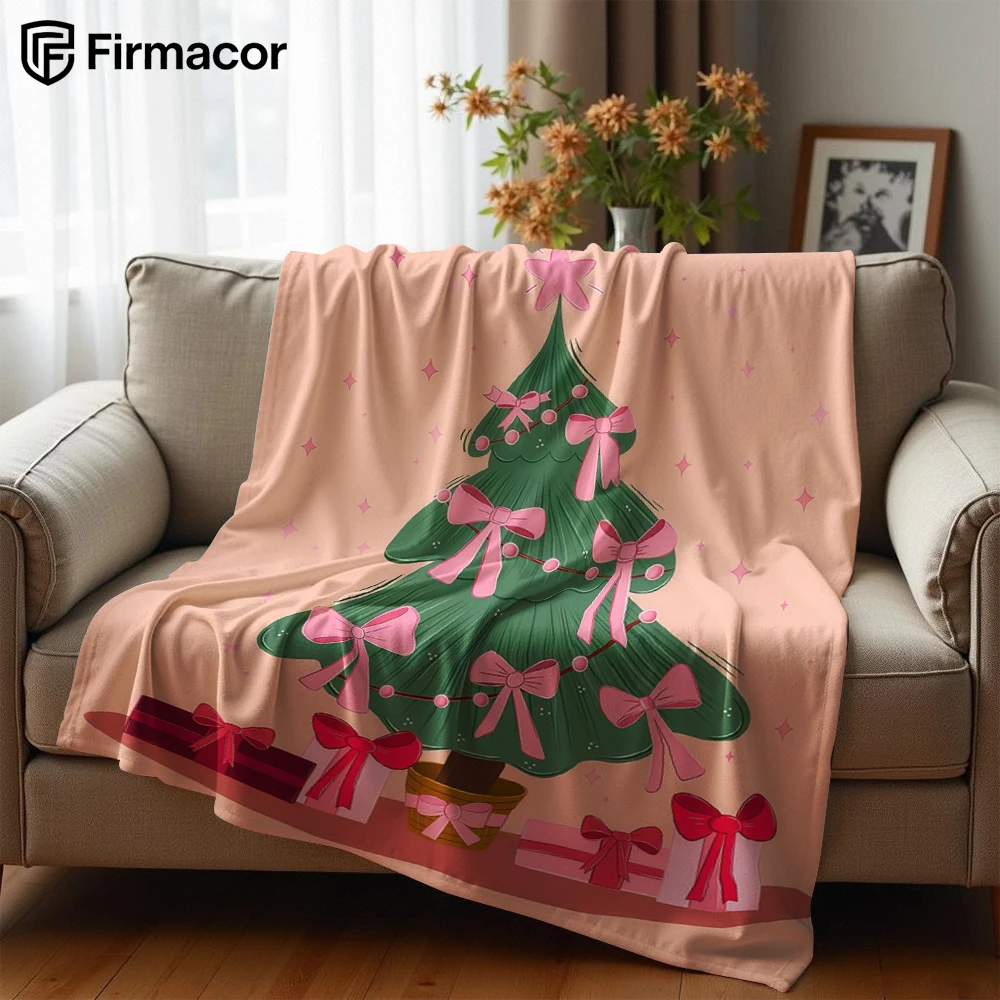Blush Bow Christmas Tree Lightweight Microfiber Soft Christmas Fleece Blanket Warm Cozy Throw for Sofa Office Travel All Season