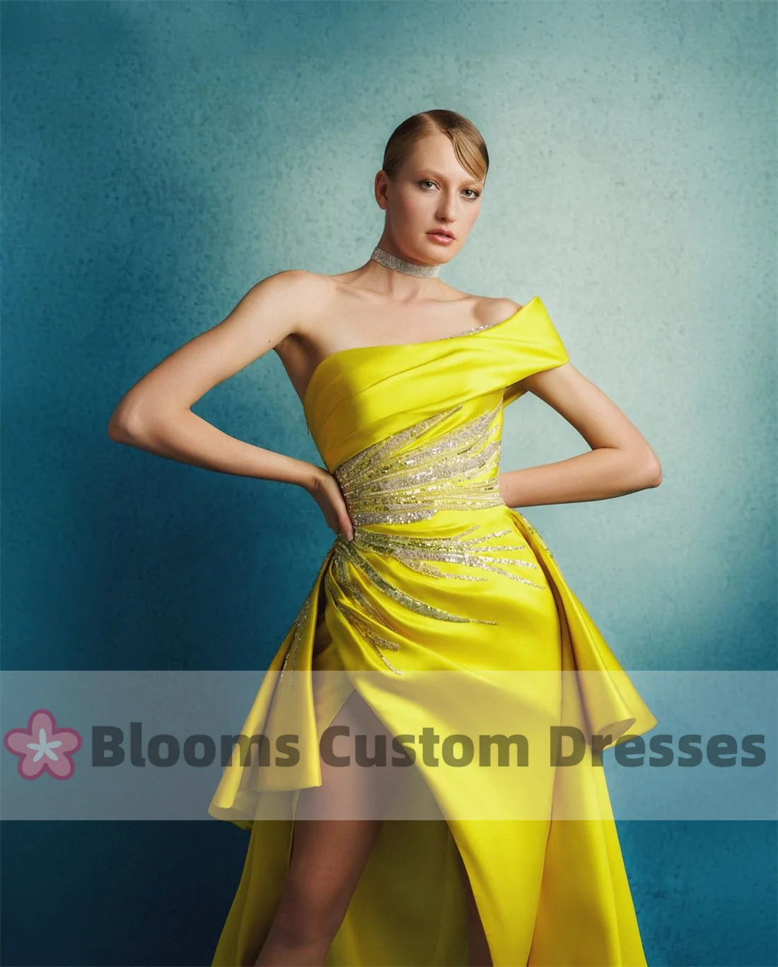 Customized One-Shoulder Yellow Satin Gorgeous Evening Dresses Mermaid Sequins Sleeveless Formal Occasion Party Dress For Prom