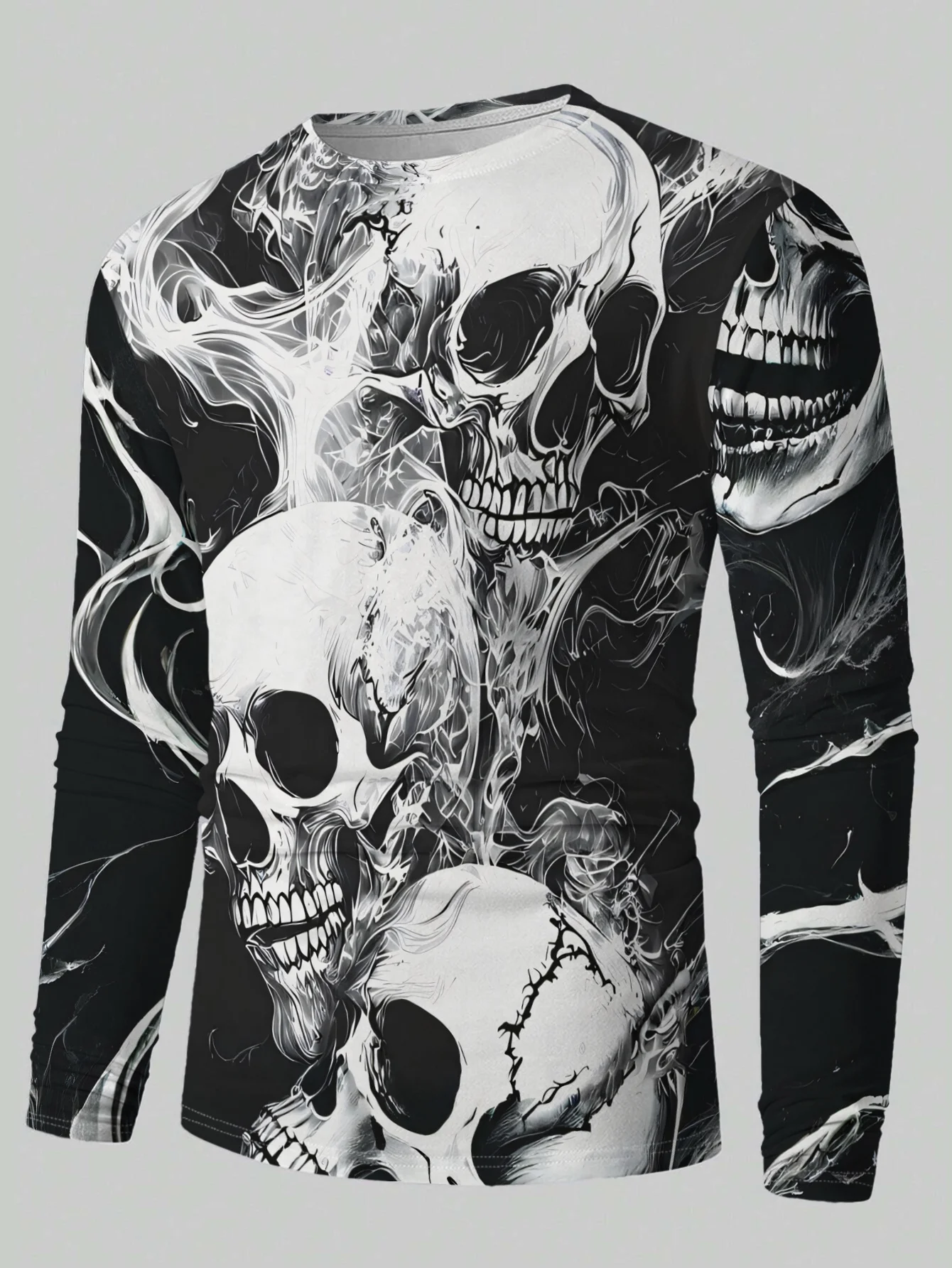 Men Long Sleeve T‑Shirt Multiple Skulls Smoke Effect 3D Print Monochrome Gothic Horror Streetwear Casual Top